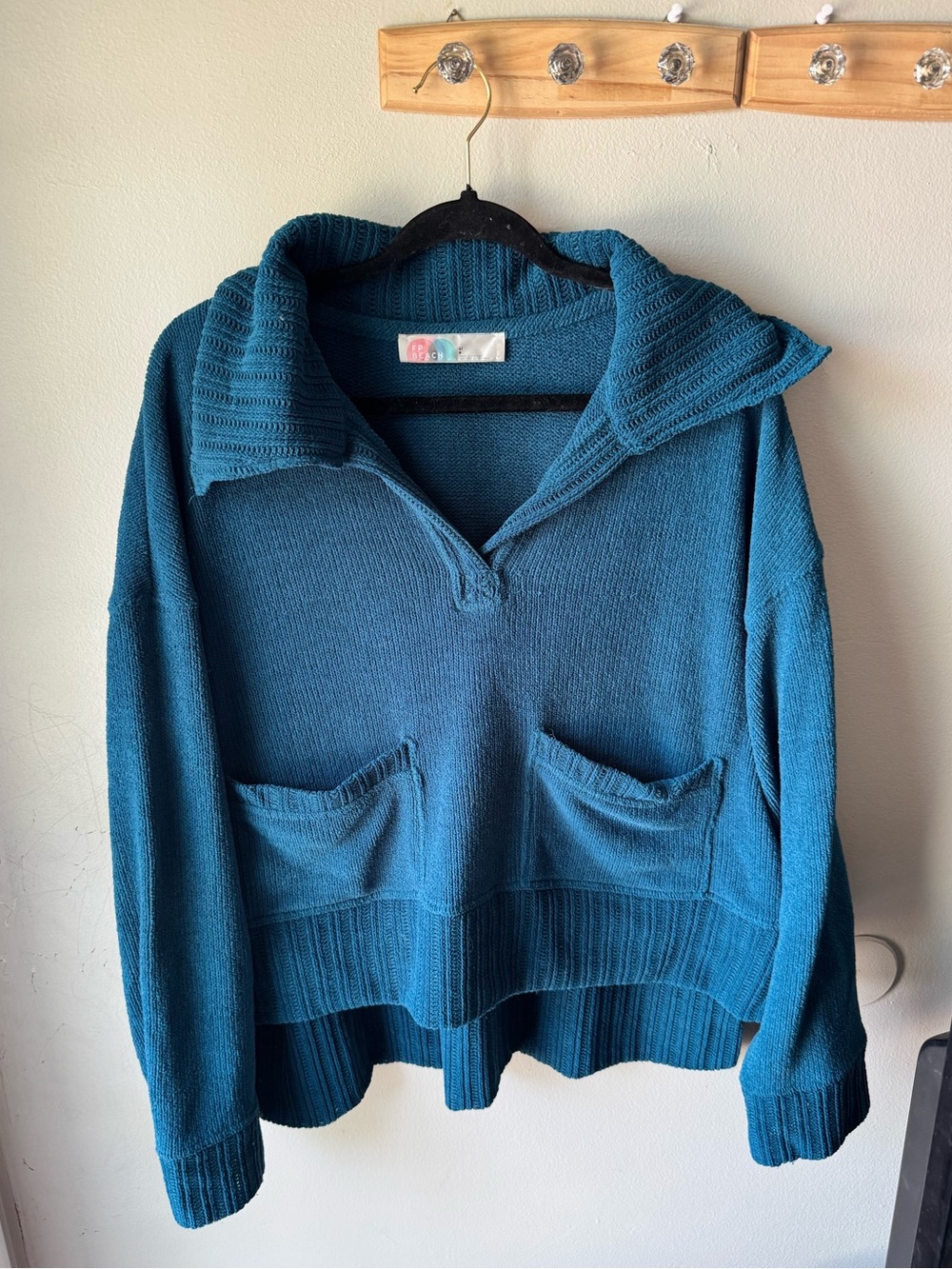 Free People FP Beach Teal Slouchy Oversized Collared Knit Sweater L